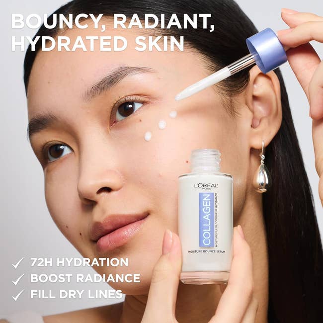 A person applies a L'Oréal collagen serum under their eyes, promoting hydration, radiance, and reduced dry lines