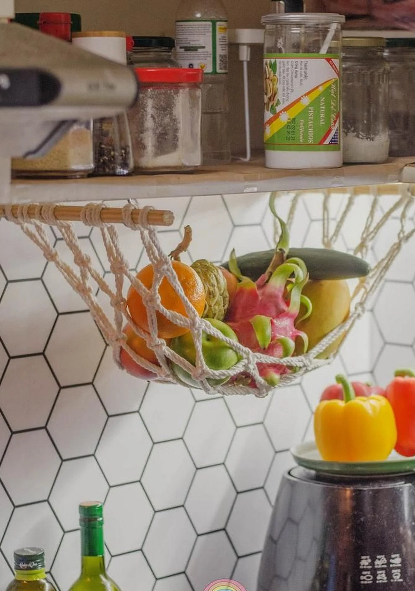 photo of macrame fruit hammock under kitchen in kabinet