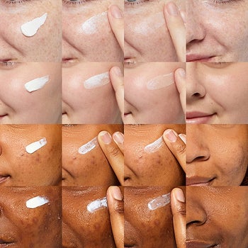 four models with different skin tones applying sunscreen to face