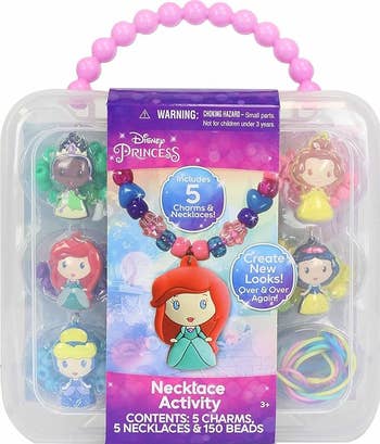 Disney Princess Necklace Activity Kit with 5 charms, 5 necklaces, and 150 beads. Packaging shows cartoon princesses and bead-making accessories