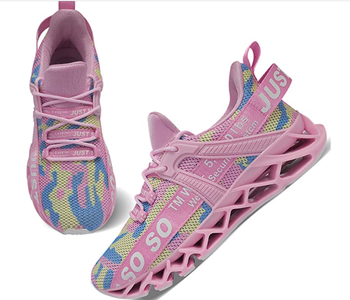 A pair of pink and yellow and blue mesh pull on sneakers 