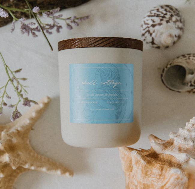 shell cottage candle in a flatlay amongst seashells
