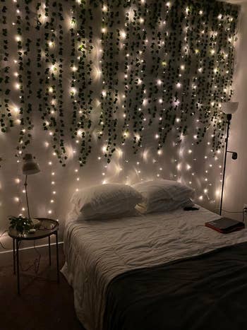 the vines lit up with fair lights at night over a bed