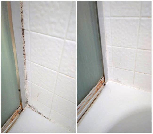 left: reviewer before photo of pink tile and white grout with black mold in it / right: after photo of all the grout looking white and clean