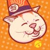 一只快乐的猫在头上戴着拉面杯