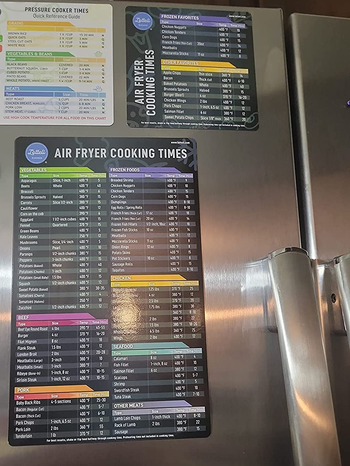 reviewer photo of the air fryer cheat sheets stuck to their fridge
