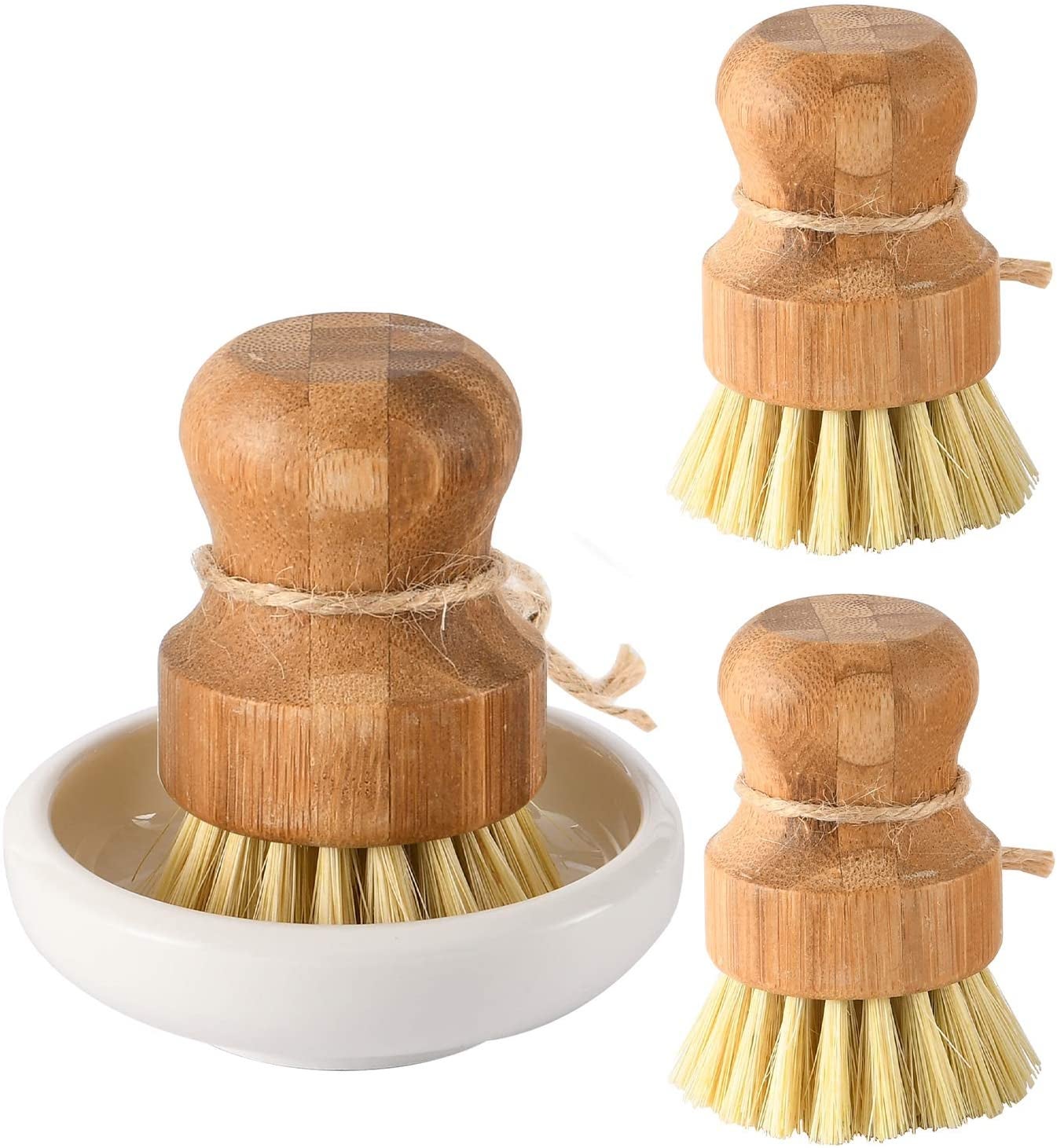 three sisal scrubbing brushes and a white ceramic base