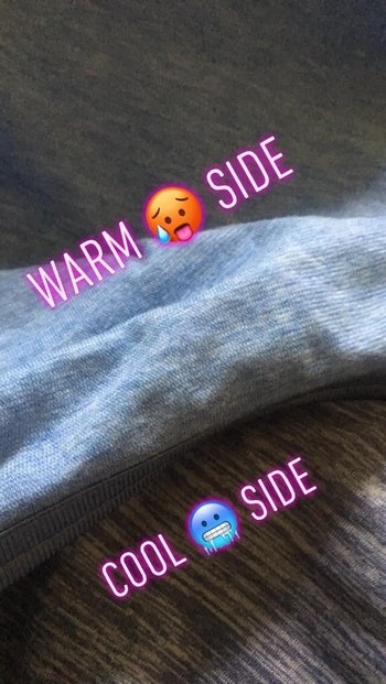 reviewer photo of the cool side and warm side of the blanket