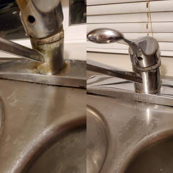 before and after of a dirty faucet and a clean, shiny faucet