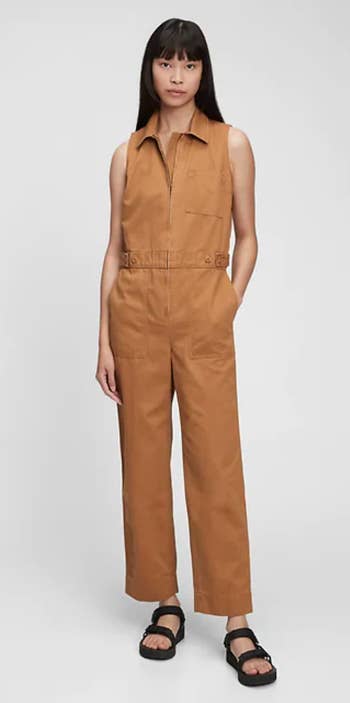 front view of a model in the tan jumpsuit