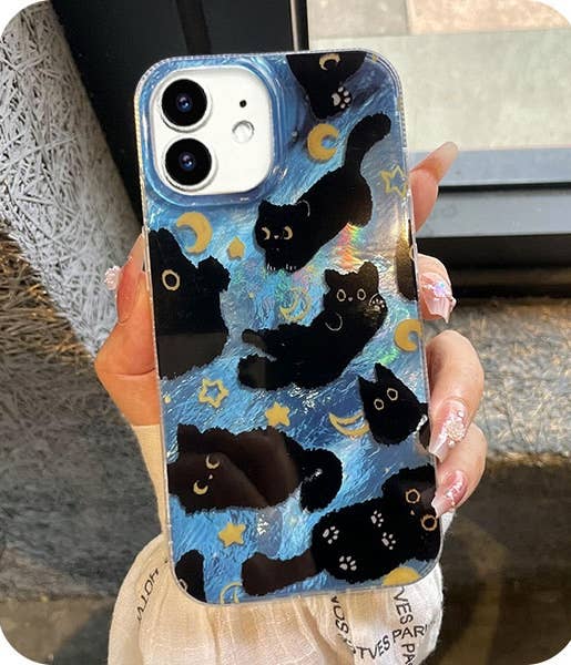 Person holding a telephone  with a lawsuit  featuring playful achromatic  feline  illustrations, stars, and moons