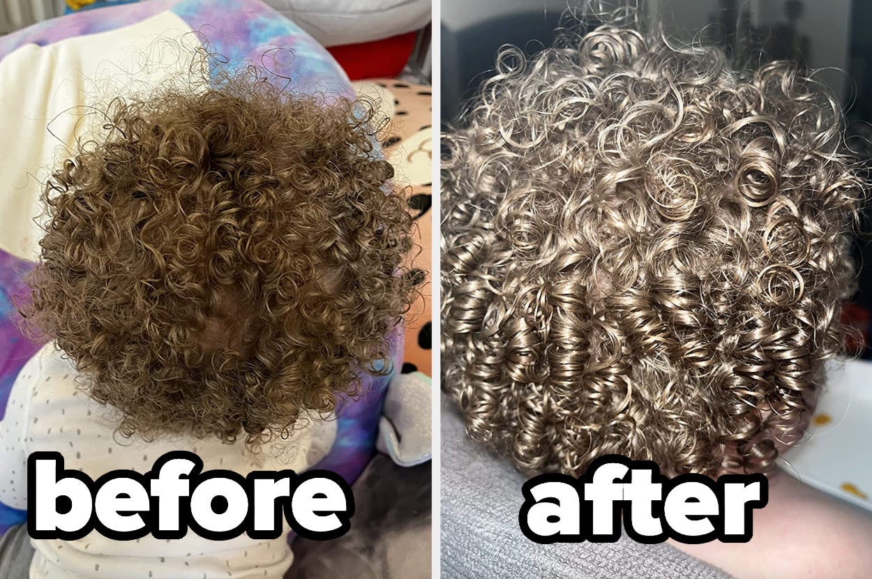 Before and after image of a reviewer's child's hair with curls more defined after use 
