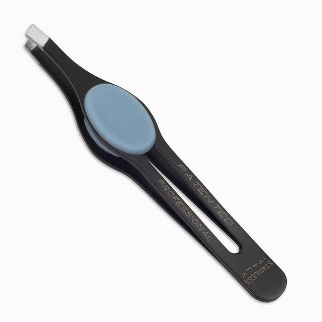 A pair of black tweezers with wide blue pads on the side for fingers to press on 