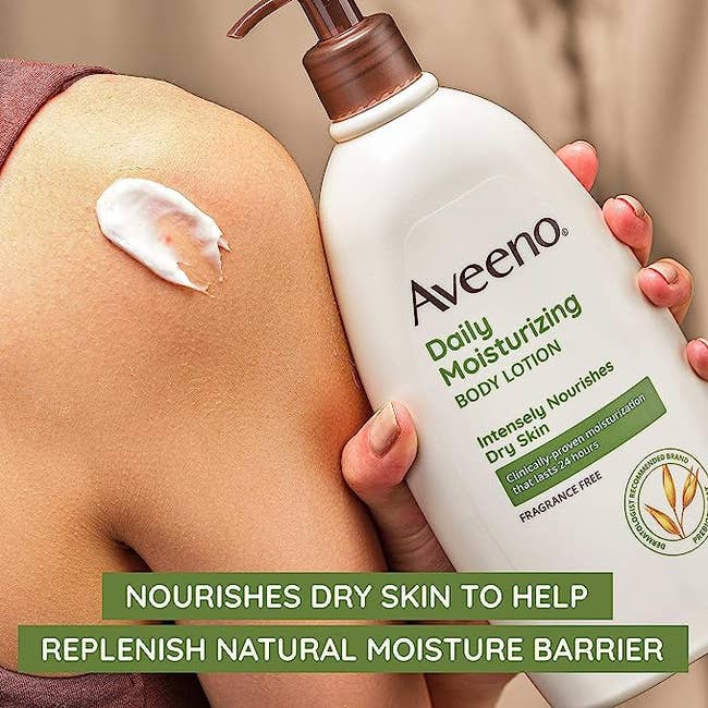 Model with Aveeno Daily Moisturizing Lotion on their shoulder