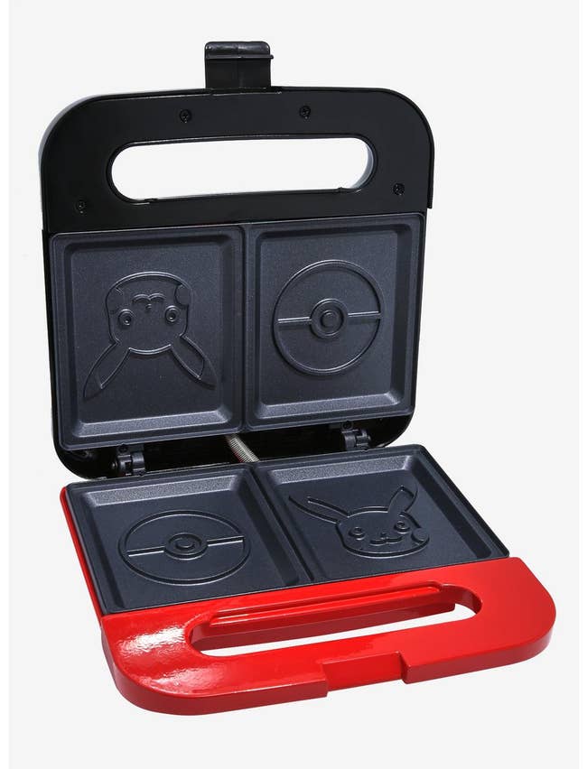a grilled cheese maker with indents of pokeballs and pikachu