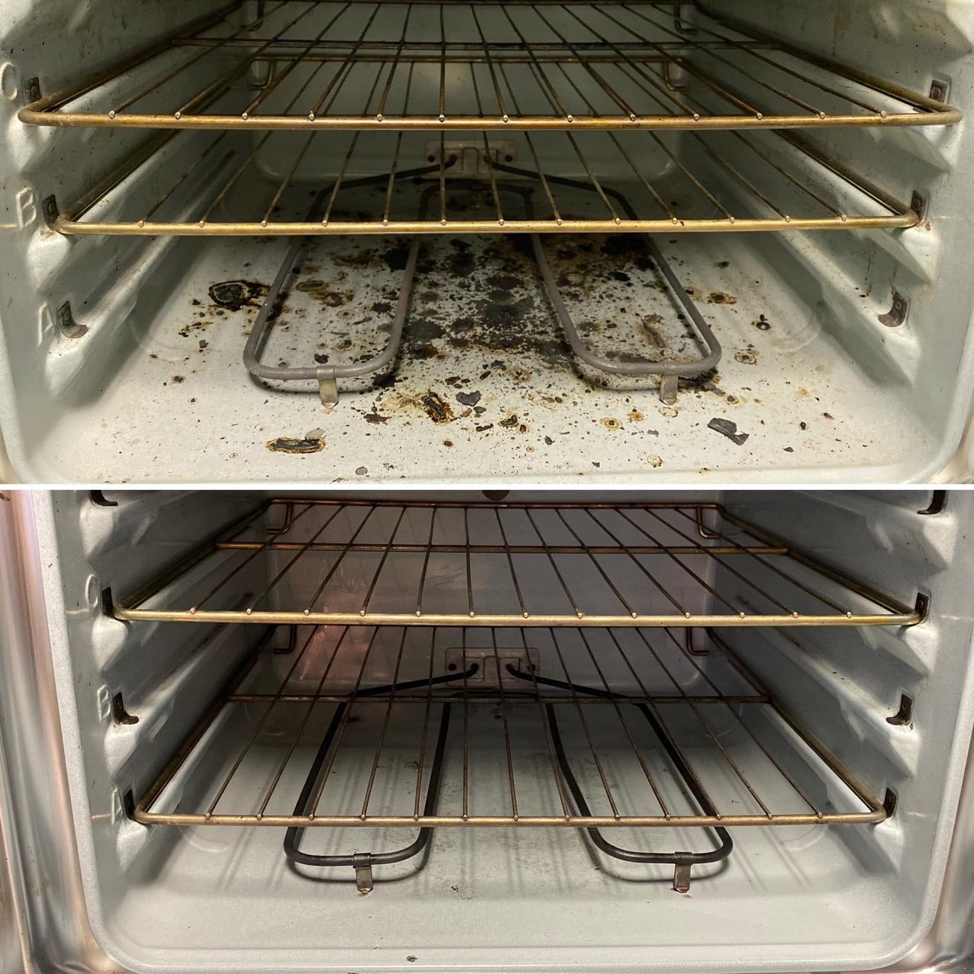 Reviewer's oven before and after using Oven-Off