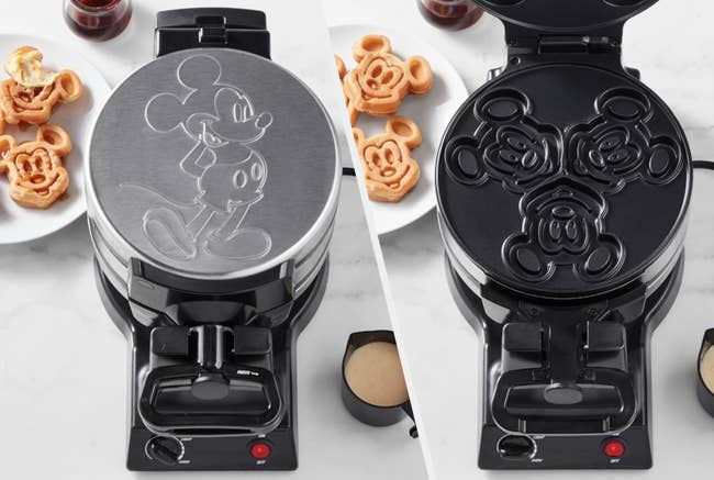 Two images of the black and silver Mickey Mouse waffle maker