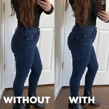 reviewer's before and after showing how the padded underwear lifts and shapes their butt for a fuller look