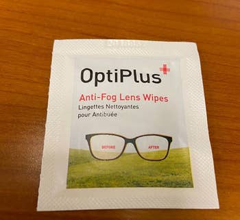 one of the individually wrapped anti-fog wipes 