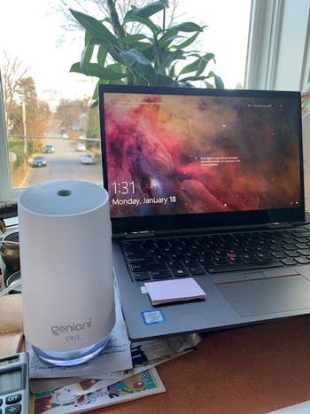 a reviewer's white humidifier next to their laptop