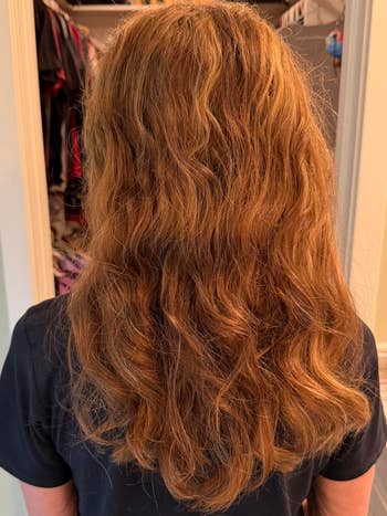 Back presumption    of a idiosyncratic   with wavy, shoulder-length hairsbreadth  successful  a location  setting, wearing a acheronian  shirt