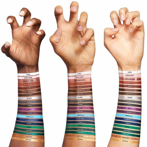 the various shades swatched on three different skin tones