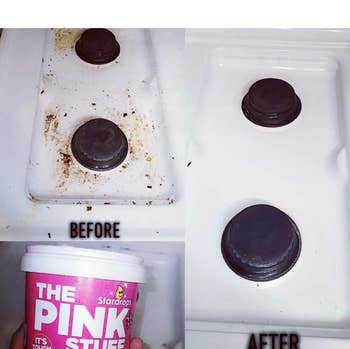 reviewer photo of them holding the container with a before and after using the paste to clean rust off of a stove