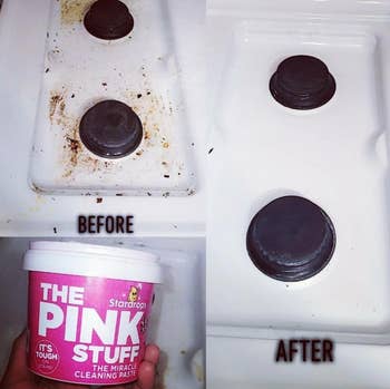 reviewer photo of them holding the container with a before and after using the paste to clean rust off of a stove