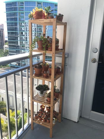 different reviewer with the same shelf set up outside on a balcony, with plants on each tier