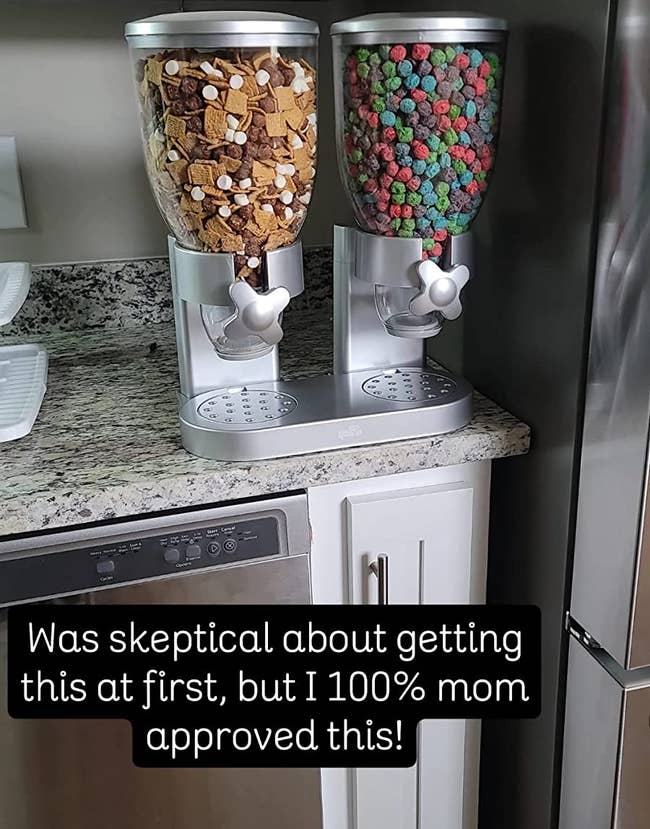 reviewer photo of cereal in the dispensers with text 