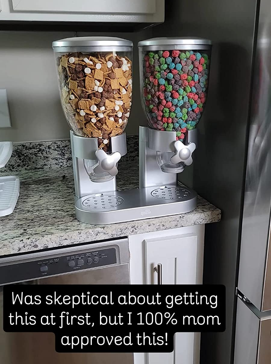 reviewer photo of cereal in the dispensers with text 