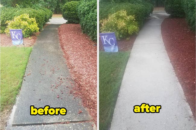 A super grimy, dirty sidewalk before pressure washed labeled 