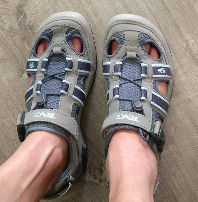 Reviewer image of the gray and blue Teva sandals