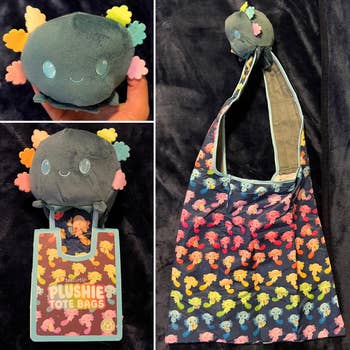 reviewer's axolotl bag in both plush and tote form