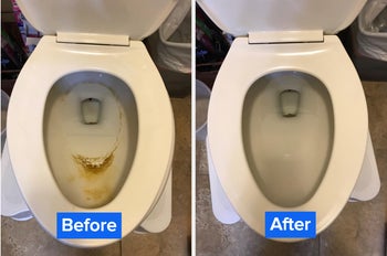 a reviewer's before and after of their toilet