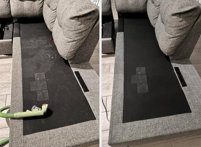 before/after of a dirty couch cleaned of stains