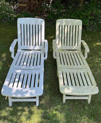 Two plastic outdoor lounge chairs, one clean and the other dirty