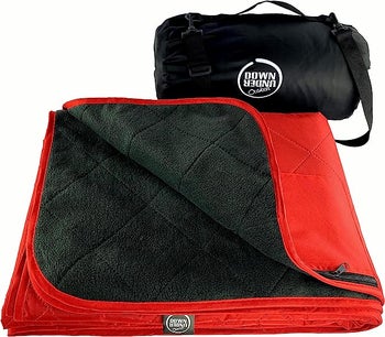 The blanket in red and black folded and an image of it rolled into a bag