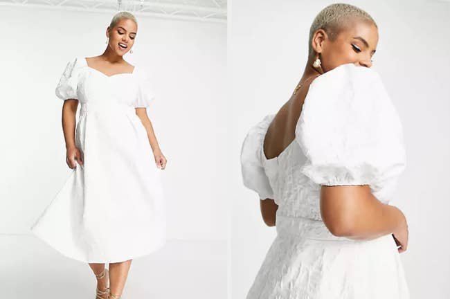Model wearing white midi dress with textured material and puffy sleeves and a sweetheart neckline, model showing top portion and back view of product with pearl earrings on a white background