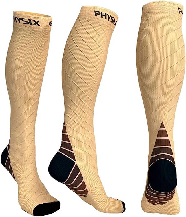 tan and black compression socks