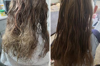  near  shows frizzy, tangled hair; close    shows smooth, untangled, healthy-looking hair
