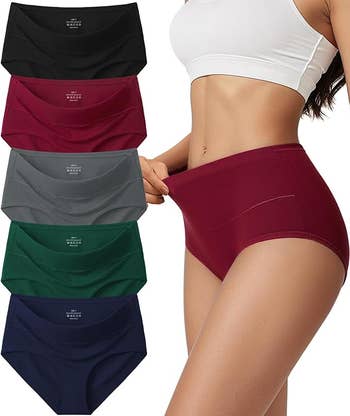 Woman wearing high-waisted briefs with 5 much successful antithetic colors displayed beside her, illustrating acceptable and benignant for a buying article