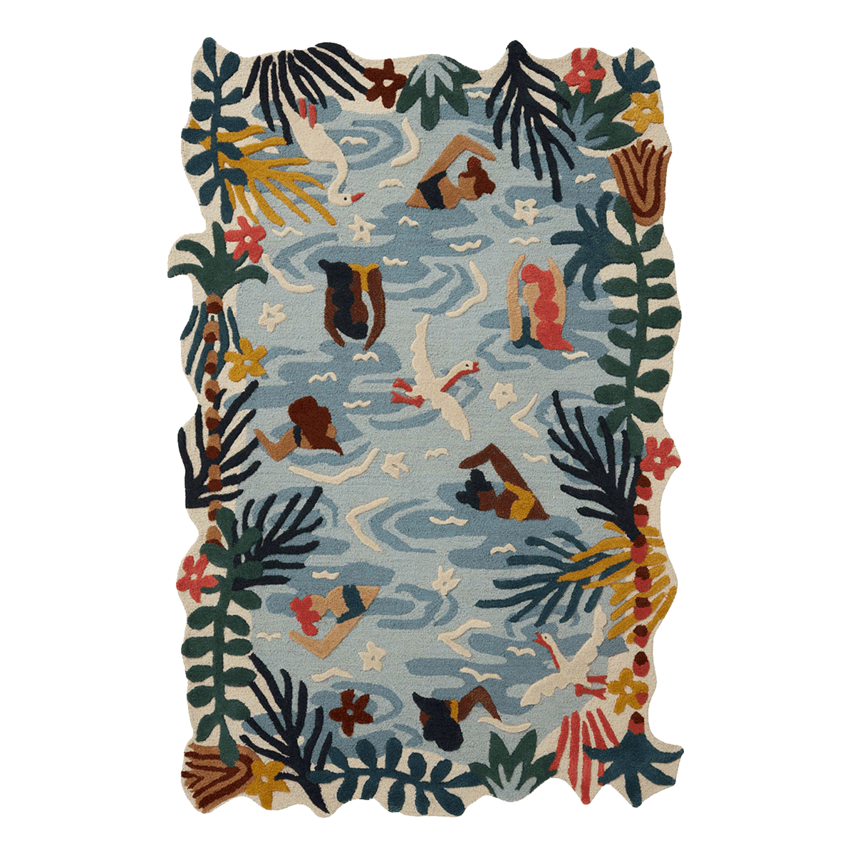 rug featuring designs of people swimming in water and birds flying with a border on the rug of palm trees and flowers