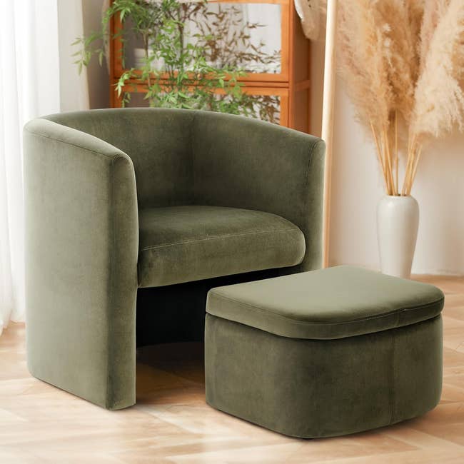 Velvet accent seat  with a matching ottoman that fits beneath   successful  a surviving  room