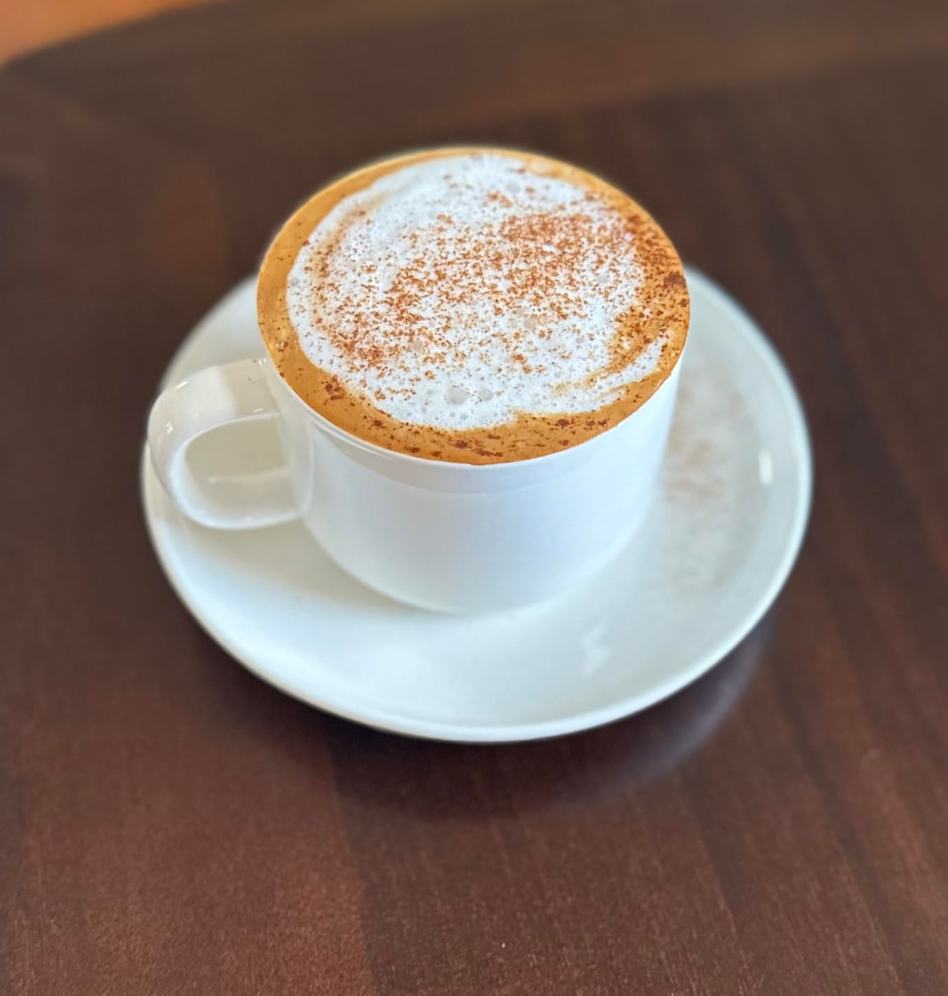 A frothy cappuccino topped with sprinkled cocoa successful  a achromatic  cupful  and saucer connected  a woody  table