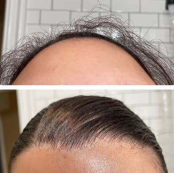 Before and aft images showcasing hairsbreadth flyaways being smoothed