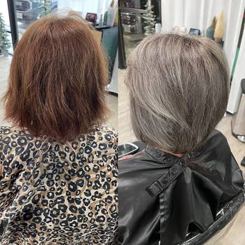 Before and after photos of reviewers hair, damaged before using treatment and smoother after