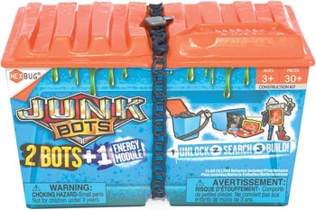 Blue packaging/storage box with orange lid and black chain for robot toys