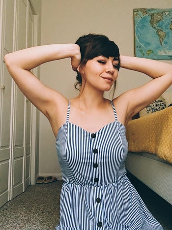 reviewer close-up of the blue striped button down dress