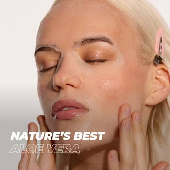 Person applying aloe vera look disguise to their look with closed eyes; substance reads